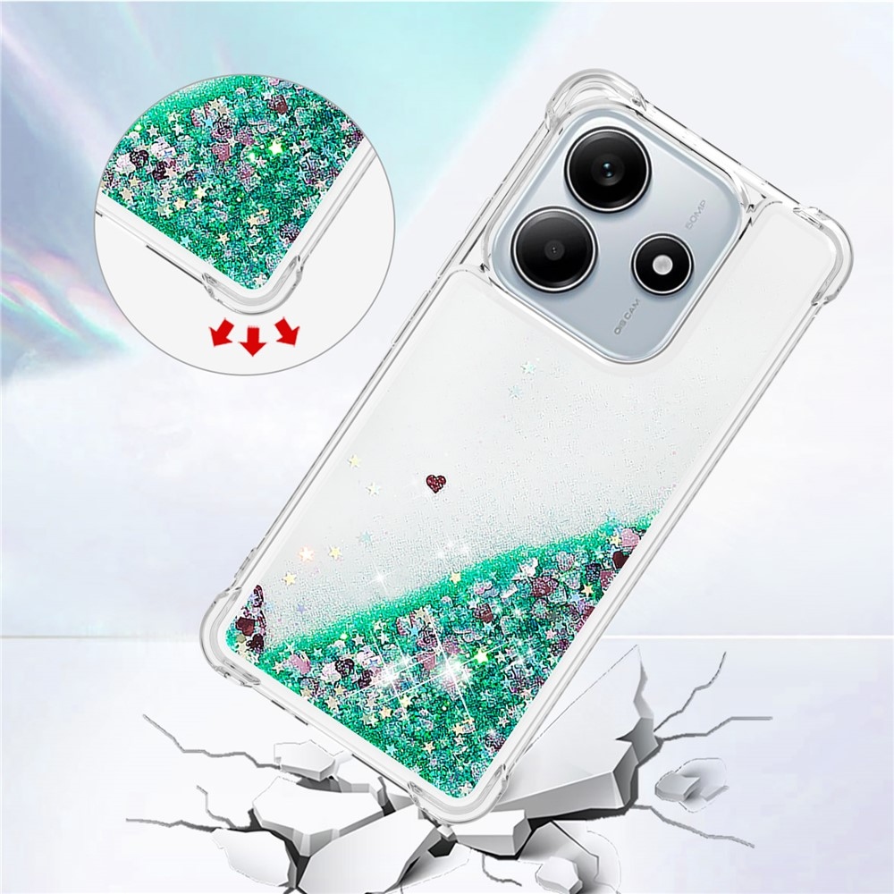 Glitter přesýpací gelový obal na Xiaomi Redmi Note 14 5G - zelený/srdíčka