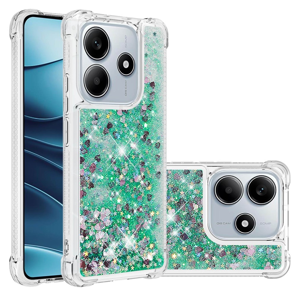 Glitter přesýpací gelový obal na Xiaomi Redmi Note 14 5G - zelený/srdíčka