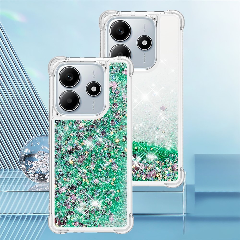 Glitter přesýpací gelový obal na Xiaomi Redmi Note 14 5G - zelený/srdíčka