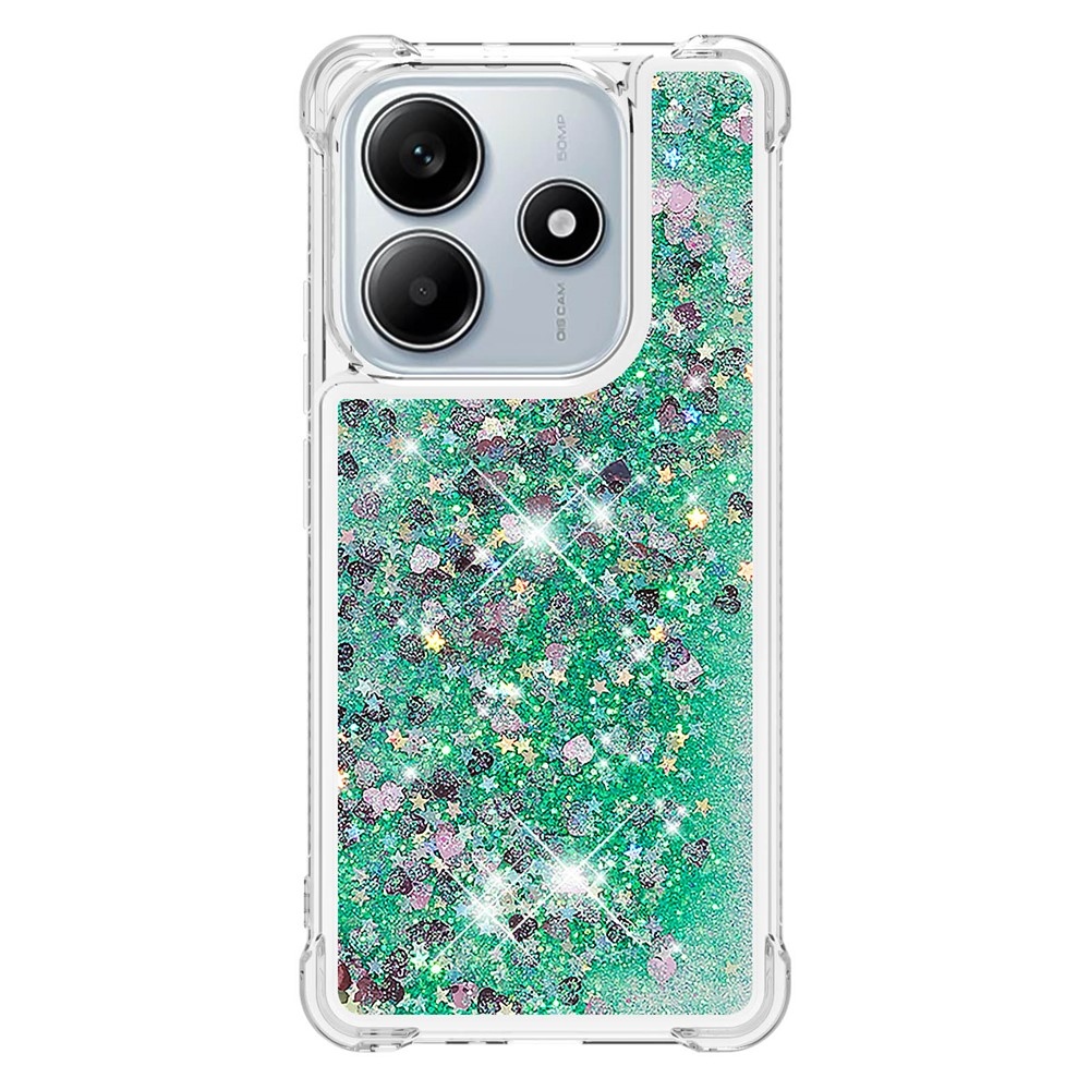 Glitter přesýpací gelový obal na Xiaomi Redmi Note 14 5G - zelený/srdíčka