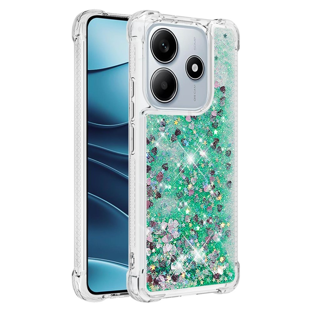 Glitter přesýpací gelový obal na Xiaomi Redmi Note 14 5G - zelený/srdíčka
