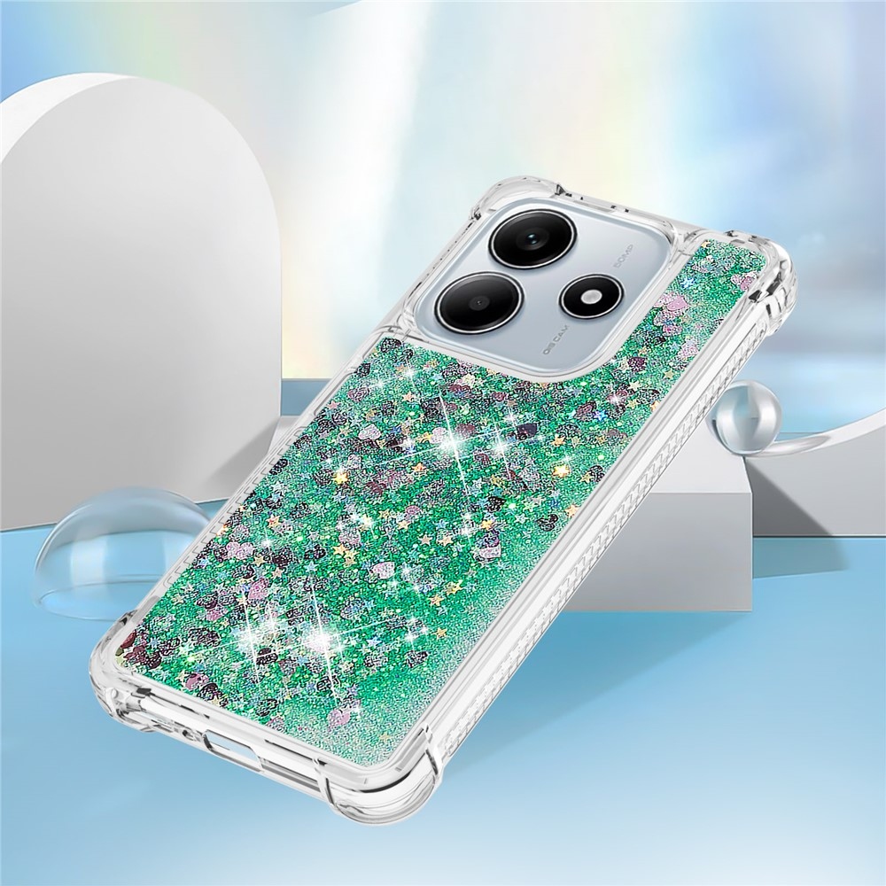 Glitter přesýpací gelový obal na Xiaomi Redmi Note 14 5G - zelený/srdíčka