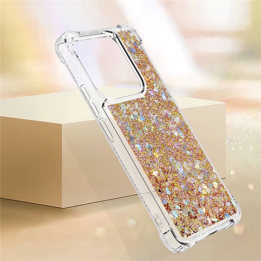 Glitter přesýpací gelový obal na Xiaomi Redmi Note 14 5G - zlatý/srdíčka