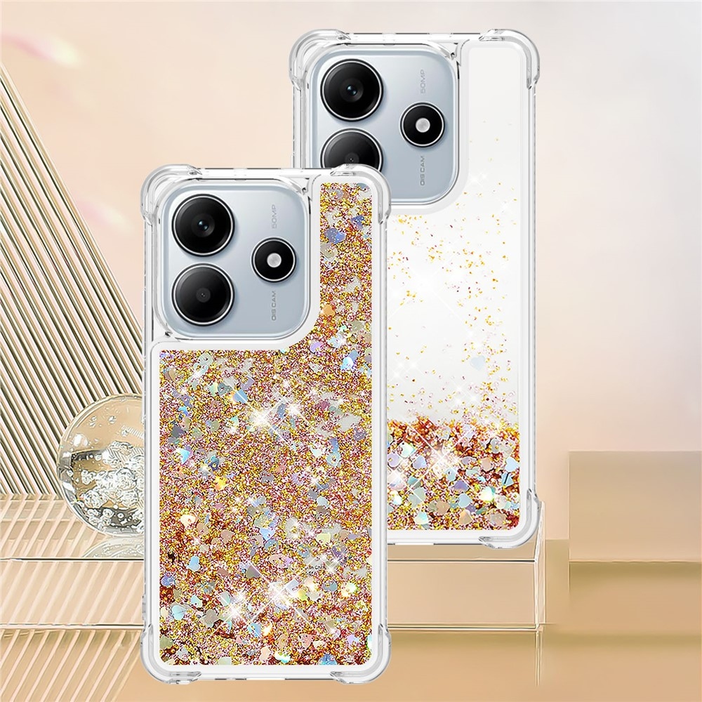 Glitter přesýpací gelový obal na Xiaomi Redmi Note 14 5G - zlatý/srdíčka