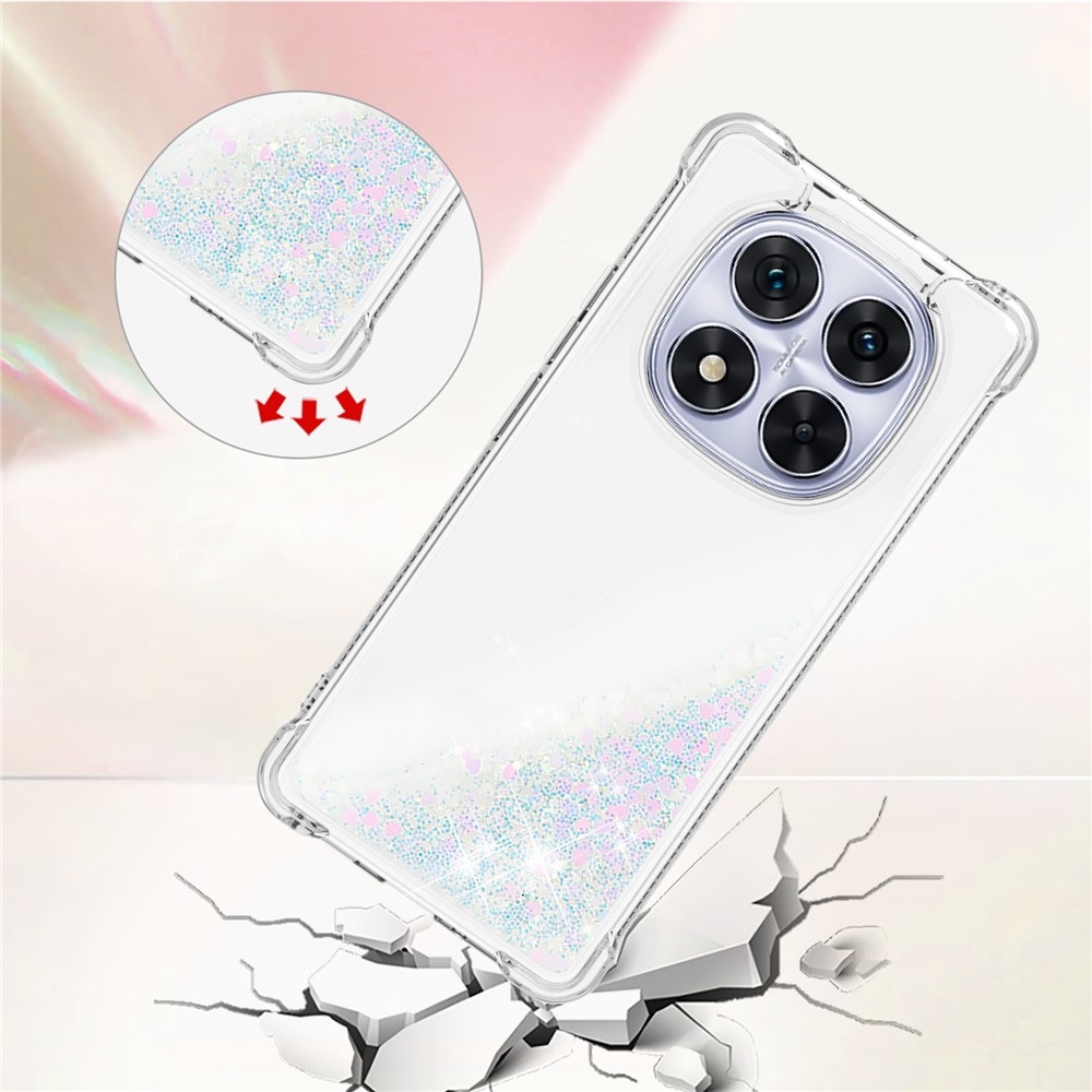 Glitter přesýpací gelový obal na Xiaomi Redmi Note 14 Pro 5G/Poco X7 5G - růžovostříbrný/srdíčka