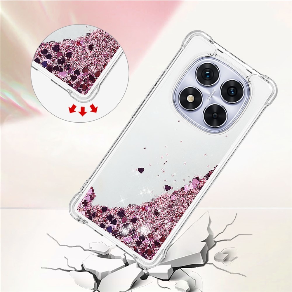 Glitter přesýpací gelový obal na Xiaomi Redmi Note 14 Pro 5G/Poco X7 5G - růžovozlatý/srdíčka