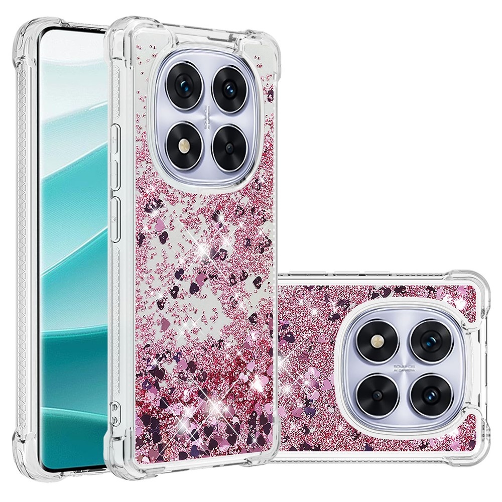 Glitter přesýpací gelový obal na Xiaomi Redmi Note 14 Pro 5G/Poco X7 5G - růžovozlatý/srdíčka