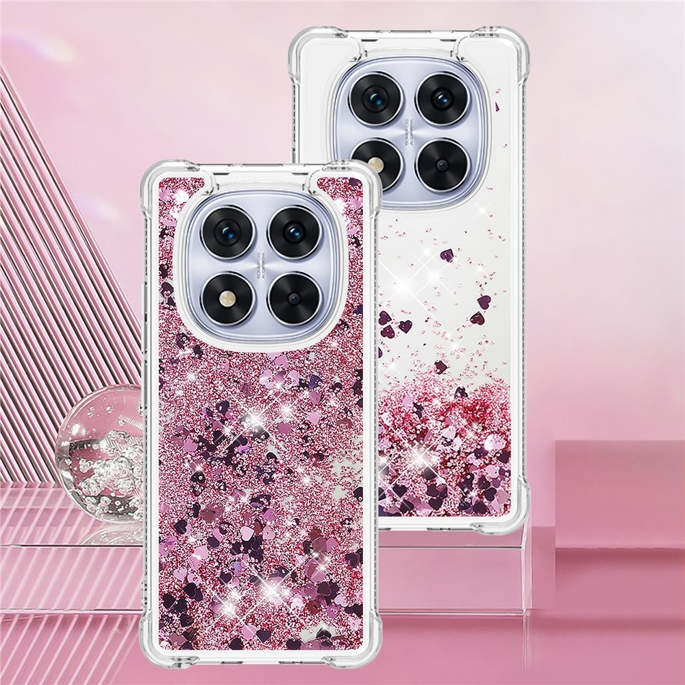 Glitter přesýpací gelový obal na Xiaomi Redmi Note 14 Pro 5G/Poco X7 5G - růžovozlatý/srdíčka