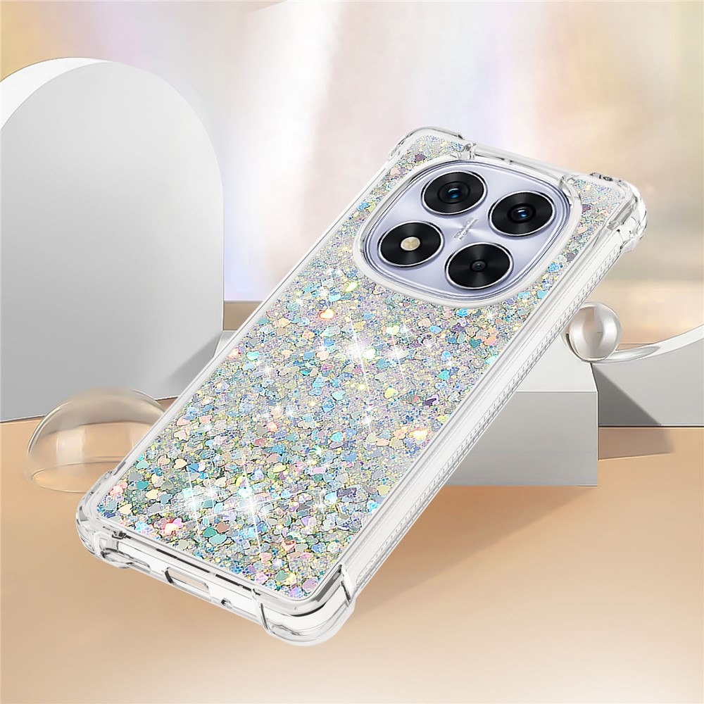 Glitter přesýpací gelový obal na Xiaomi Redmi Note 14 Pro 5G/Poco X7 5G - stříbrný/srdíčka