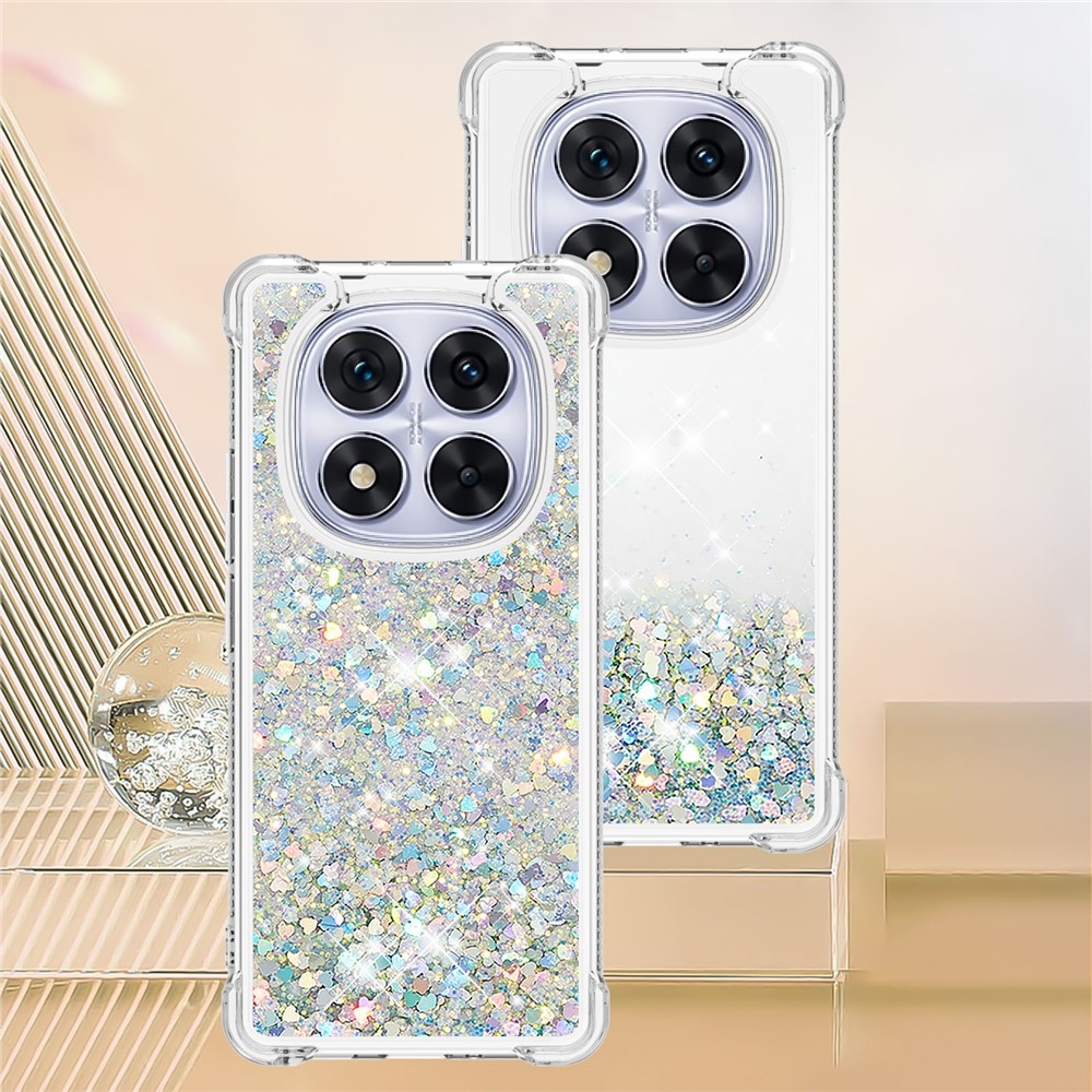 Glitter přesýpací gelový obal na Xiaomi Redmi Note 14 Pro 5G/Poco X7 5G - stříbrný/srdíčka