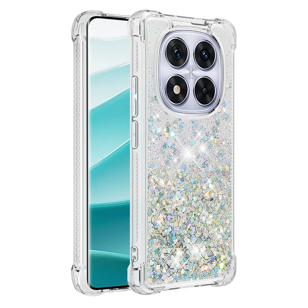 Glitter přesýpací gelový obal na Xiaomi Redmi Note 14 Pro 5G/Poco X7 5G - stříbrný/srdíčka