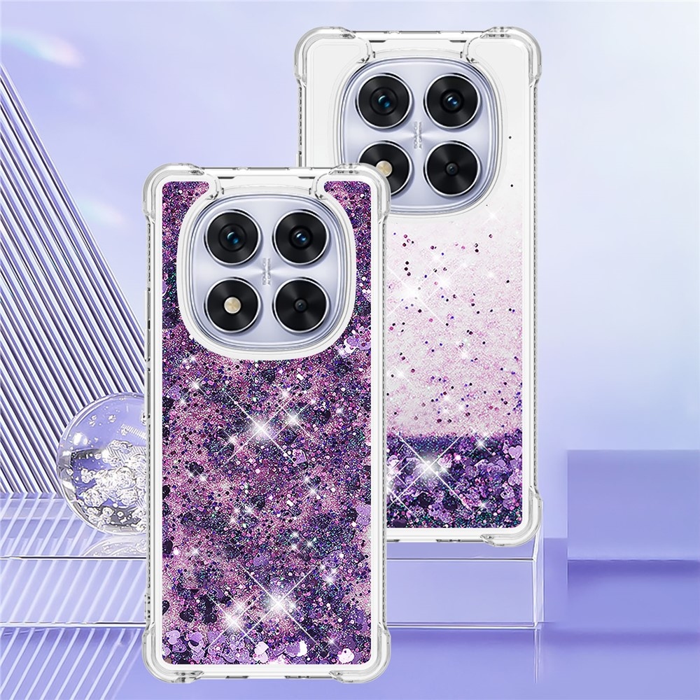 Glitter přesýpací gelový obal na Xiaomi Redmi Note 14 Pro 5G/Poco X7 5G - tmavěfialový/srdíčka