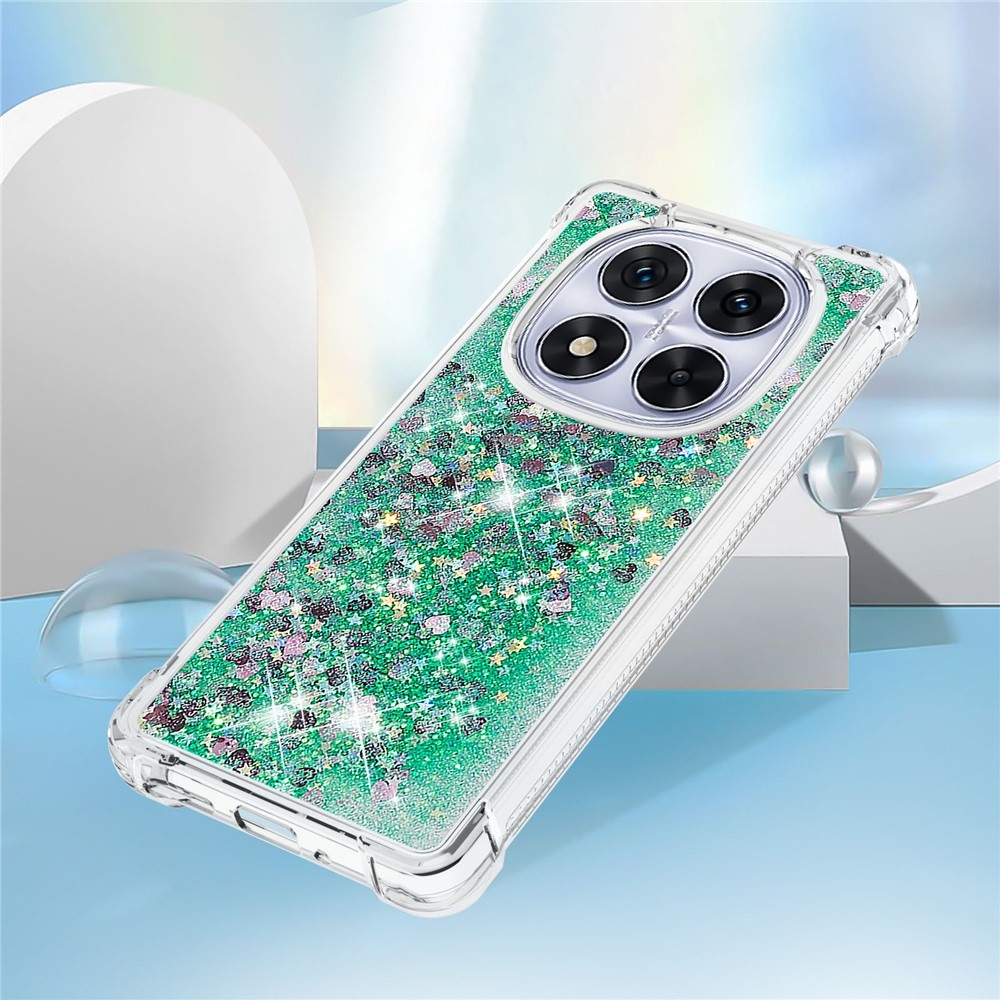 Glitter přesýpací gelový obal na Xiaomi Redmi Note 14 Pro 5G/Poco X7 5G - zelený/srdíčka