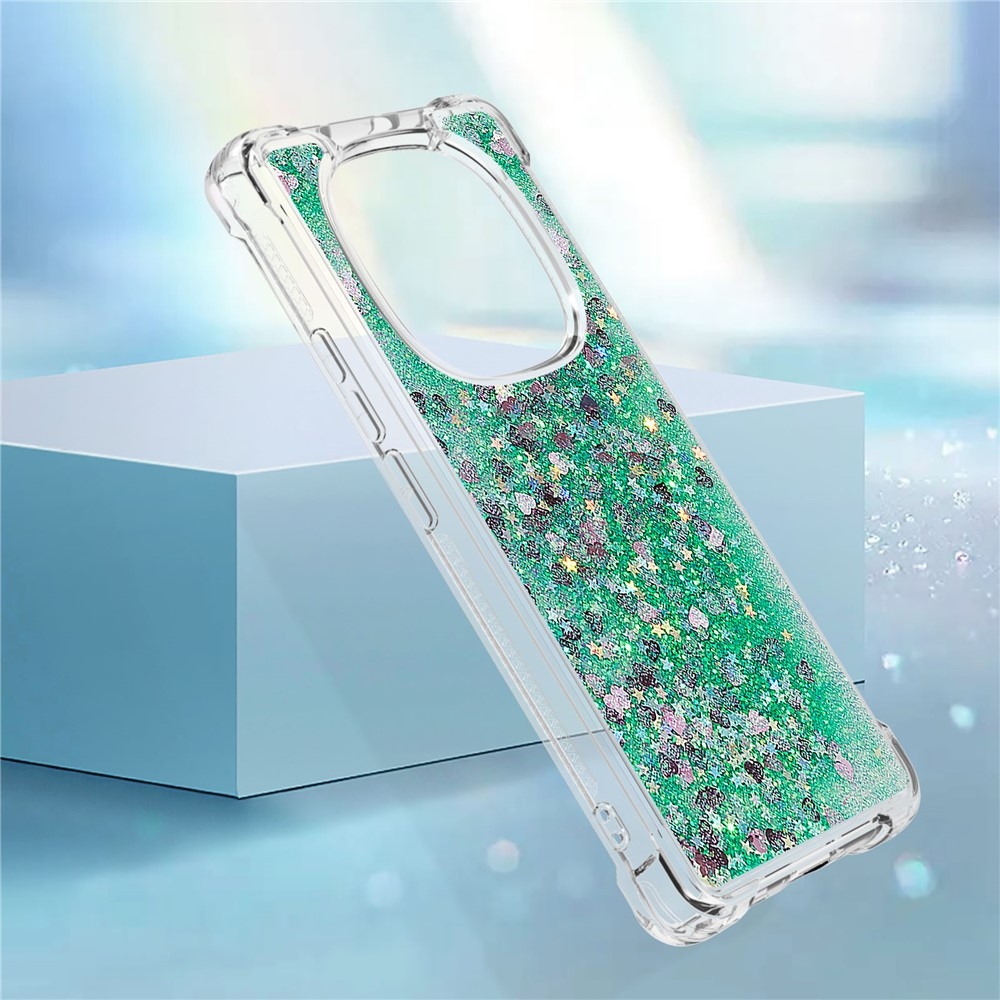 Glitter přesýpací gelový obal na Xiaomi Redmi Note 14 Pro 5G/Poco X7 5G - zelený/srdíčka