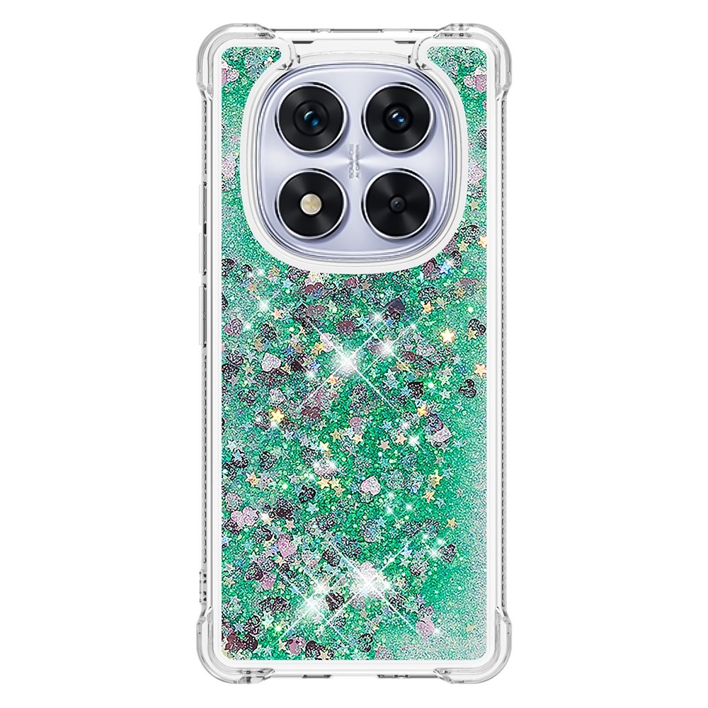 Glitter přesýpací gelový obal na Xiaomi Redmi Note 14 Pro 5G/Poco X7 5G - zelený/srdíčka
