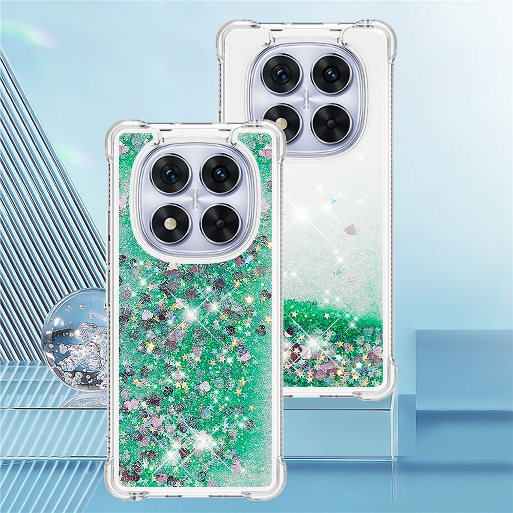 Glitter přesýpací gelový obal na Xiaomi Redmi Note 14 Pro 5G/Poco X7 5G - zelený/srdíčka