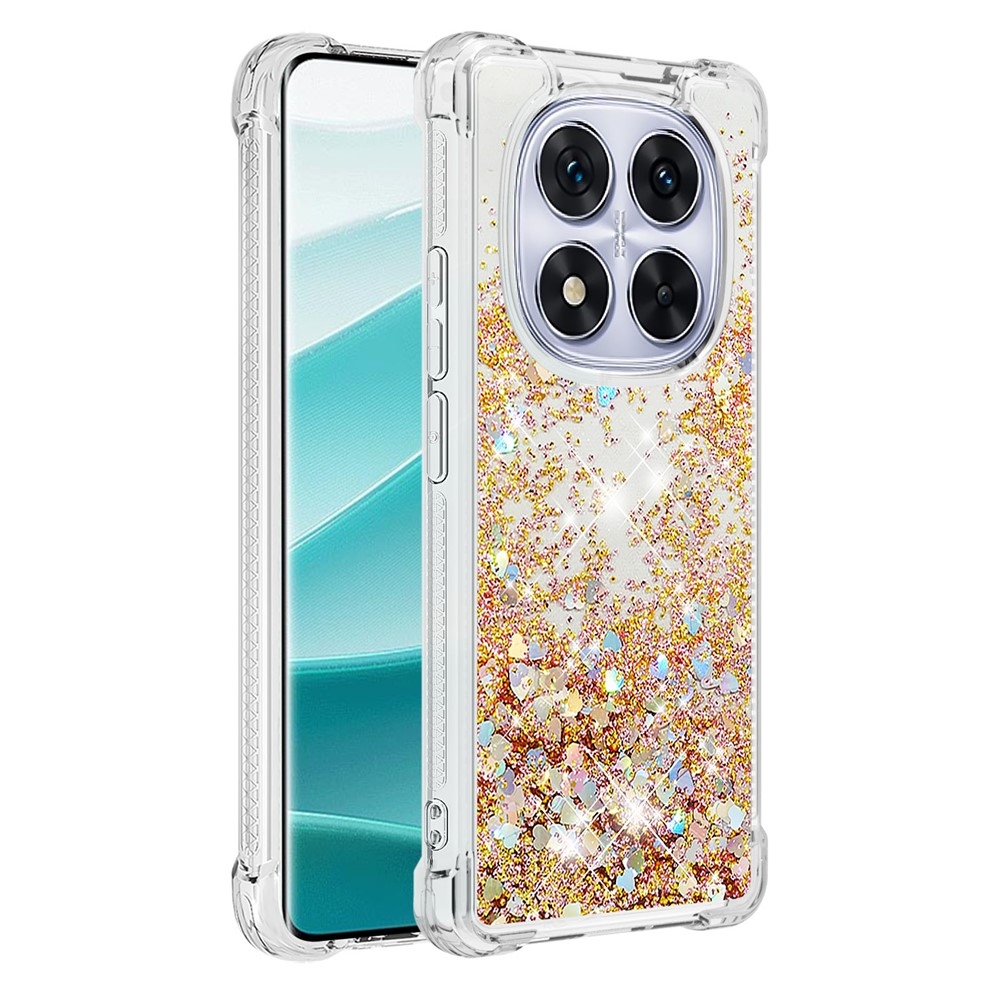 Glitter přesýpací gelový obal na Xiaomi Redmi Note 14 Pro 5G/Poco X7 5G - zlatý/srdíčka