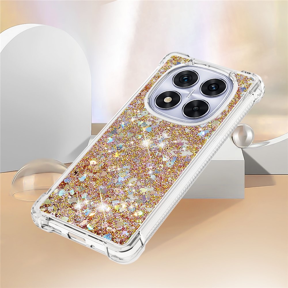 Glitter přesýpací gelový obal na Xiaomi Redmi Note 14 Pro 5G/Poco X7 5G - zlatý/srdíčka