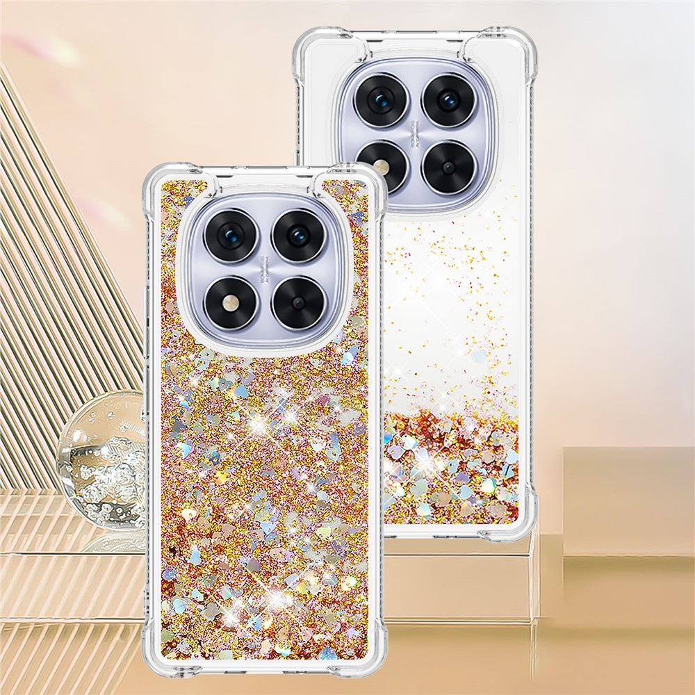 Glitter přesýpací gelový obal na Xiaomi Redmi Note 14 Pro 5G/Poco X7 5G - zlatý/srdíčka