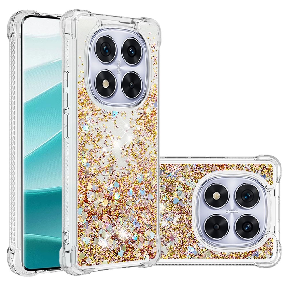 Glitter přesýpací gelový obal na Xiaomi Redmi Note 14 Pro 5G/Poco X7 5G - zlatý/srdíčka