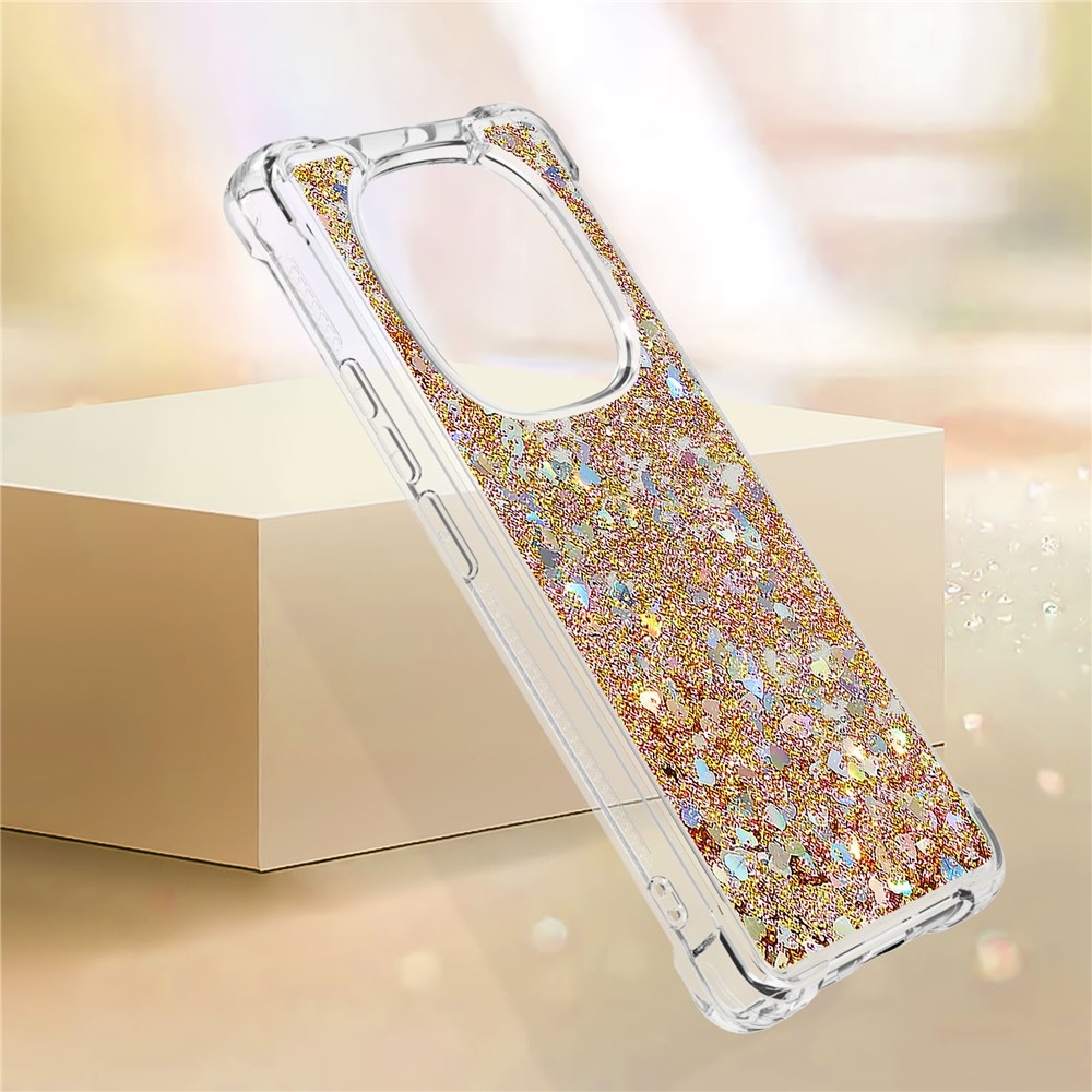 Glitter přesýpací gelový obal na Xiaomi Redmi Note 14 Pro 5G/Poco X7 5G - zlatý/srdíčka