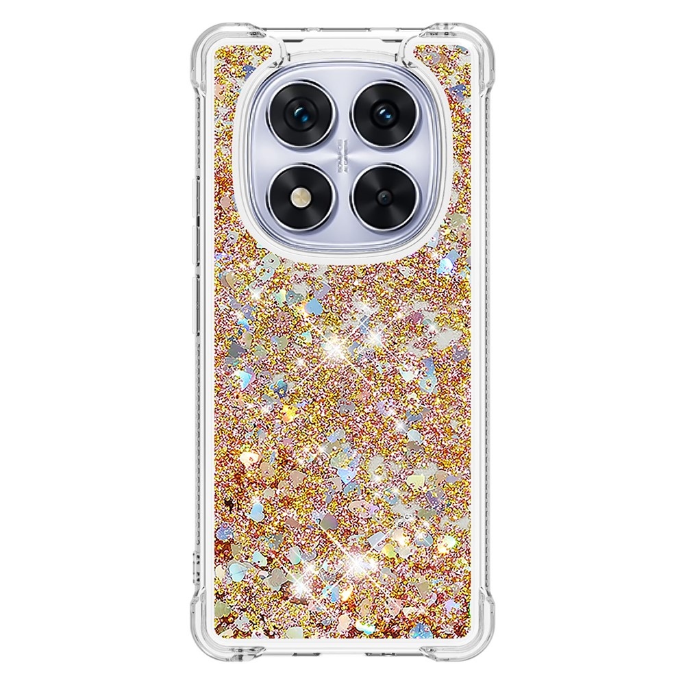 Glitter přesýpací gelový obal na Xiaomi Redmi Note 14 Pro 5G/Poco X7 5G - zlatý/srdíčka