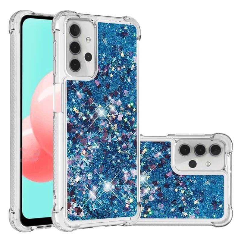 Glitter přesýpací gelový obal s vyztuženými rohy na mobil Samsung Galaxy A32 5G - modrý/srdíčka