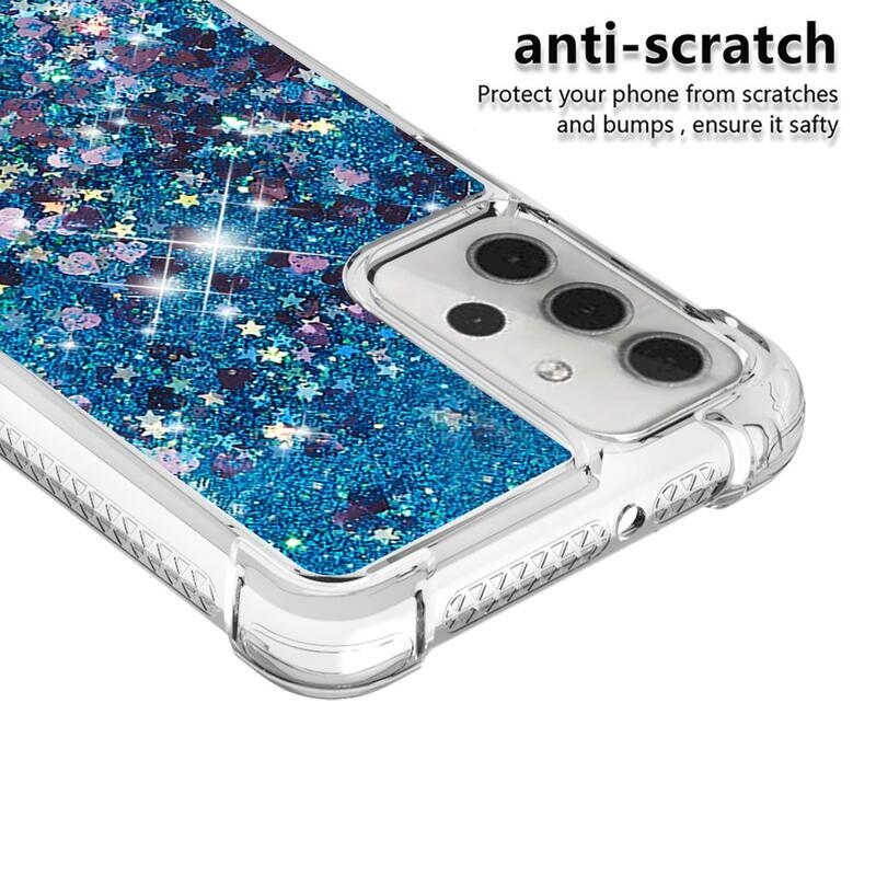 Glitter přesýpací gelový obal s vyztuženými rohy na mobil Samsung Galaxy A32 5G - modrý/srdíčka