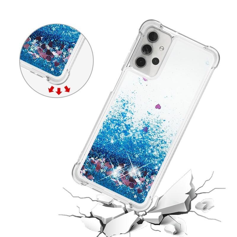 Glitter přesýpací gelový obal s vyztuženými rohy na mobil Samsung Galaxy A32 5G - modrý/srdíčka