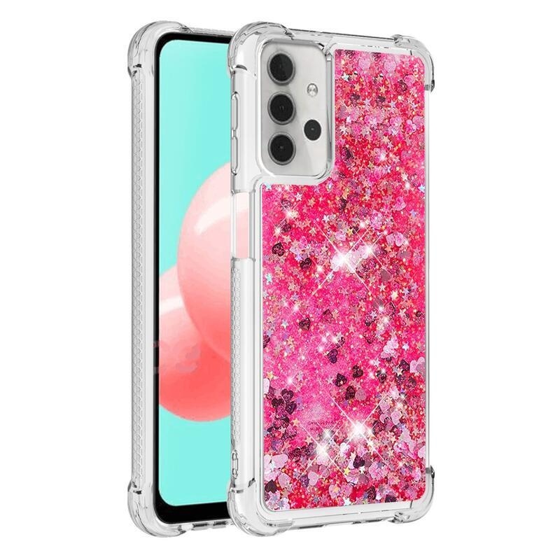 Glitter přesýpací gelový obal s vyztuženými rohy na mobil Samsung Galaxy A32 5G - růžový/srdíčka