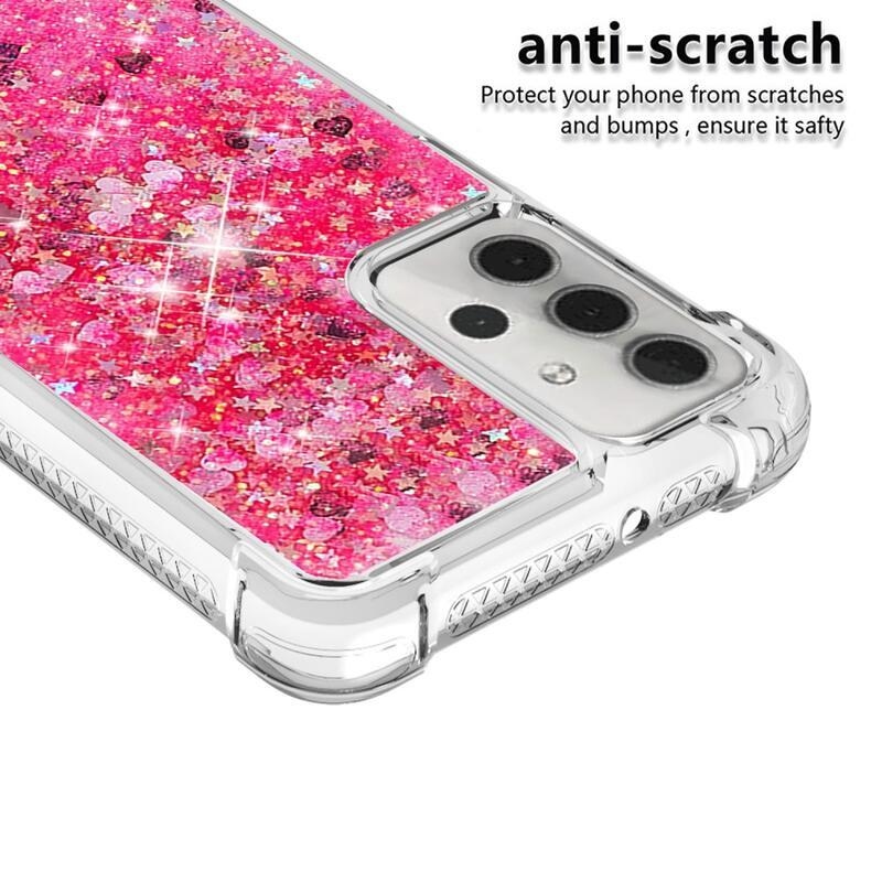 Glitter přesýpací gelový obal s vyztuženými rohy na mobil Samsung Galaxy A32 5G - růžový/srdíčka