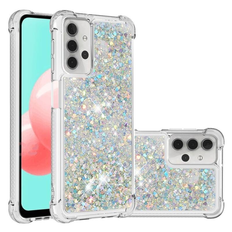 Glitter přesýpací gelový obal s vyztuženými rohy na mobil Samsung Galaxy A32 5G - zelený/srdíčka