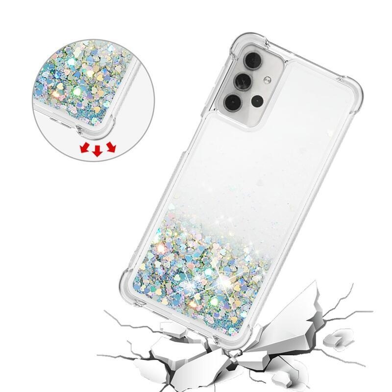 Glitter přesýpací gelový obal s vyztuženými rohy na mobil Samsung Galaxy A32 5G - zelený/srdíčka