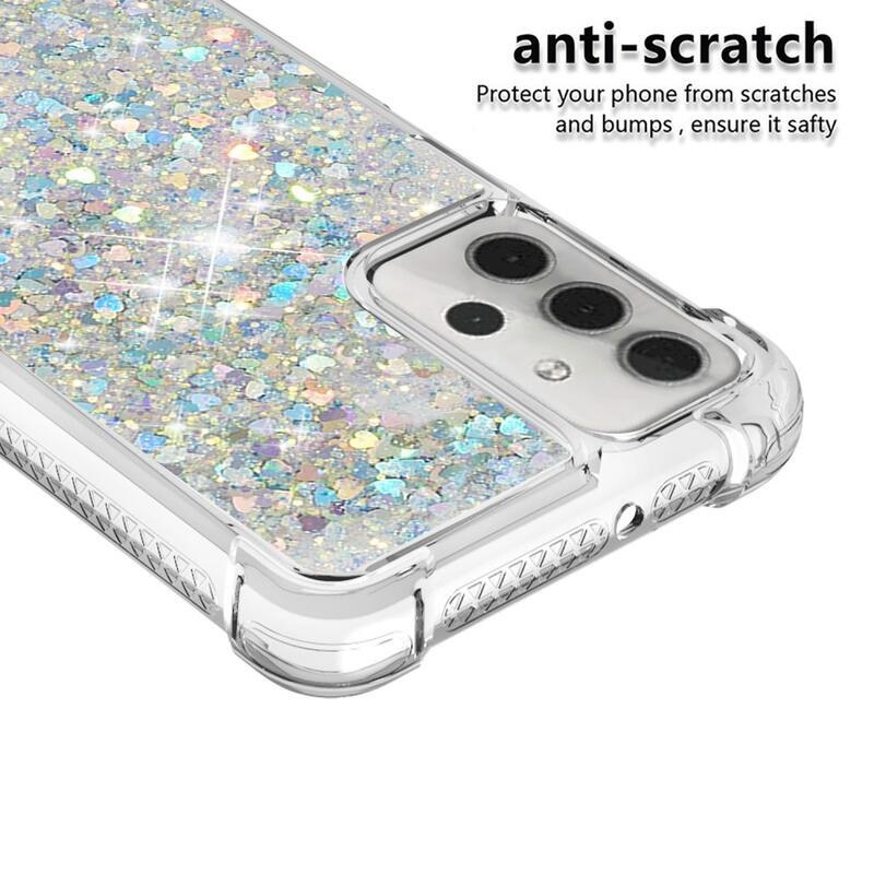 Glitter přesýpací gelový obal s vyztuženými rohy na mobil Samsung Galaxy A32 5G - zelený/srdíčka