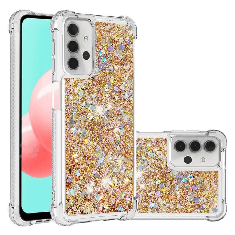 Glitter přesýpací gelový obal s vyztuženými rohy na mobil Samsung Galaxy A32 5G - zlatý/srdíčka