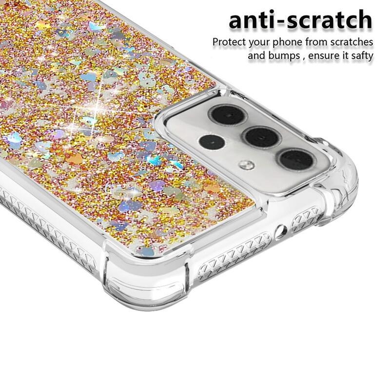 Glitter přesýpací gelový obal s vyztuženými rohy na mobil Samsung Galaxy A32 5G - zlatý/srdíčka