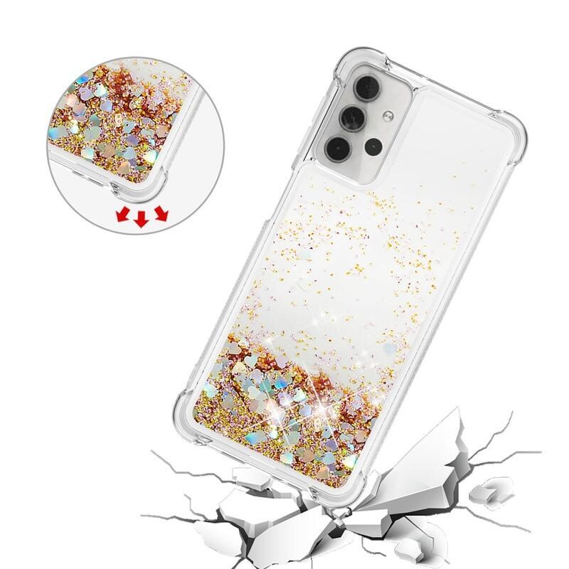 Glitter přesýpací gelový obal s vyztuženými rohy na mobil Samsung Galaxy A32 5G - zlatý/srdíčka