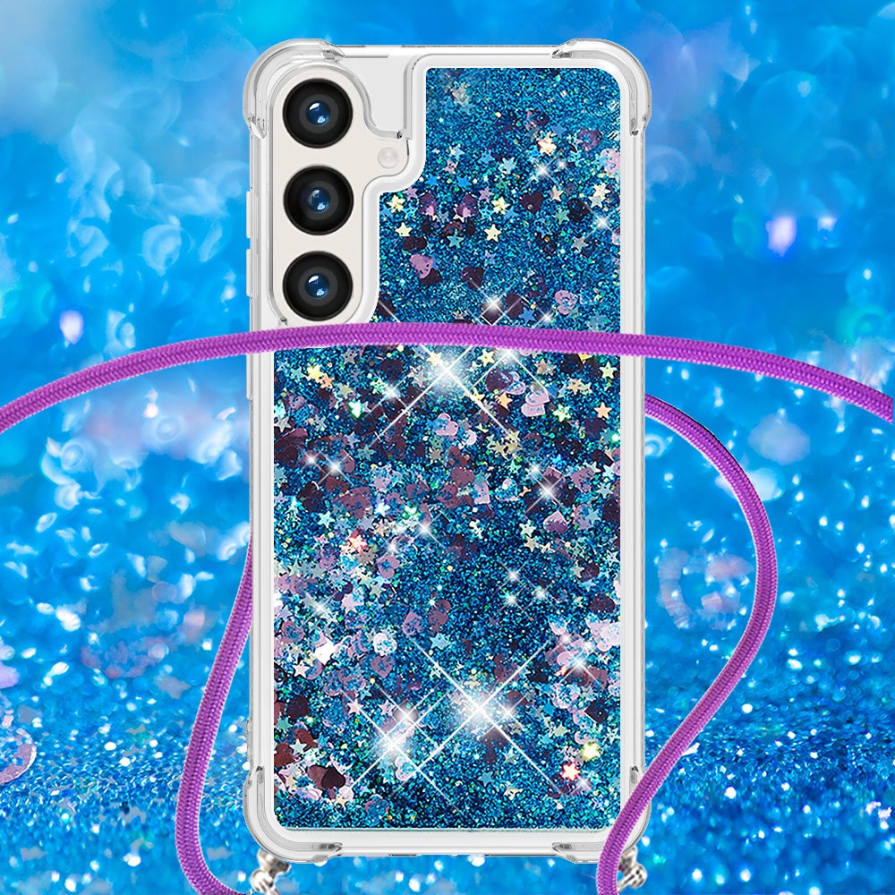 Glitters přesýpací gelový obal se šňůrkou na Samsung Galaxy S26+ - modrý/srdíčka