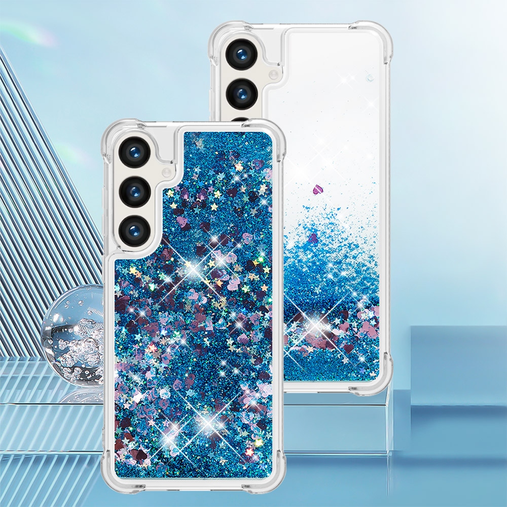 Glitters přesýpací gelový obal se šňůrkou na Samsung Galaxy S26+ - modrý/srdíčka