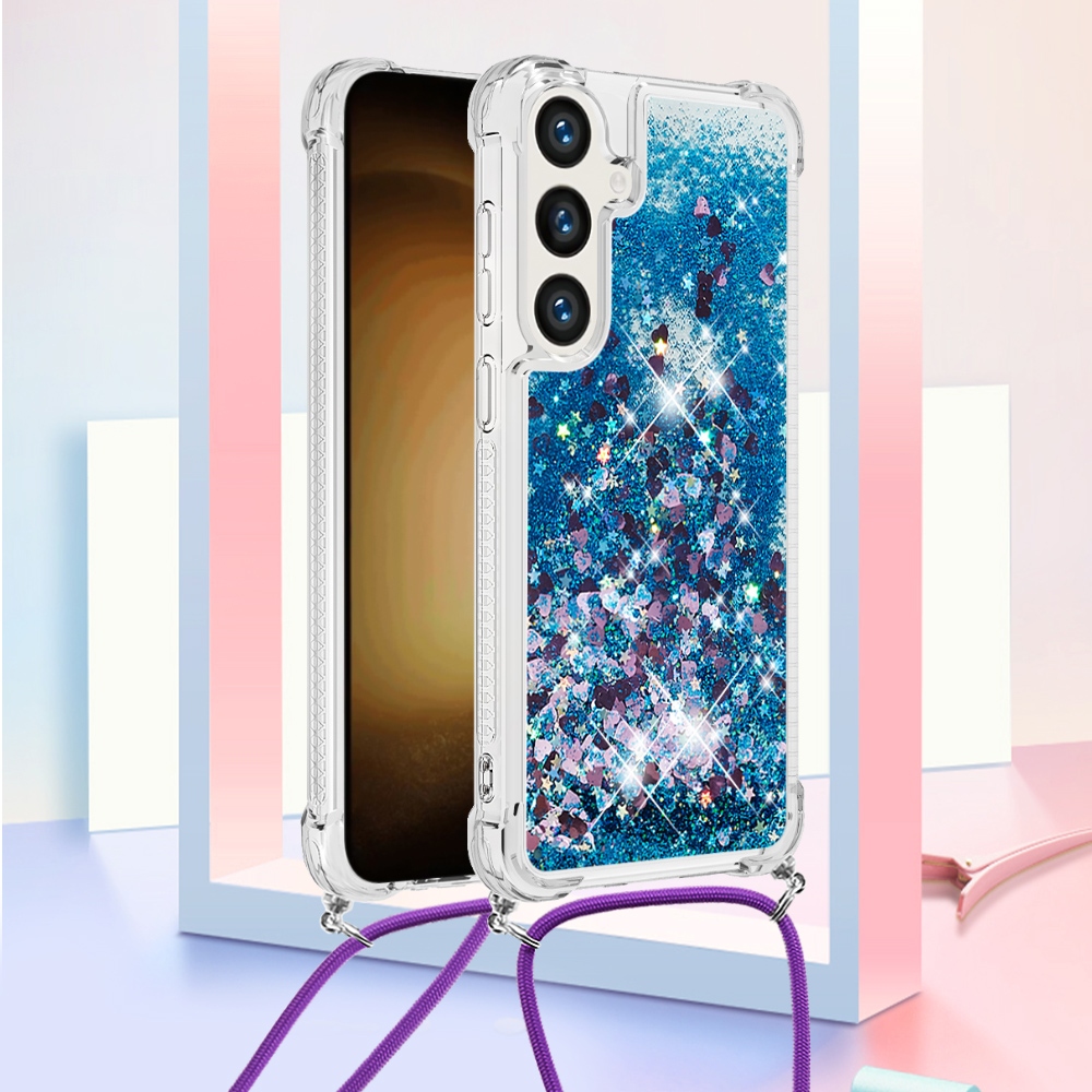 Glitters přesýpací gelový obal se šňůrkou na Samsung Galaxy S26+ - modrý/srdíčka
