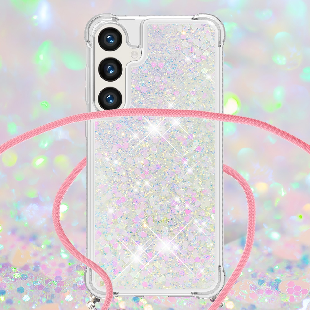 Glitters přesýpací gelový obal se šňůrkou na Samsung Galaxy S26+ - růžovostříbrný/srdíčka