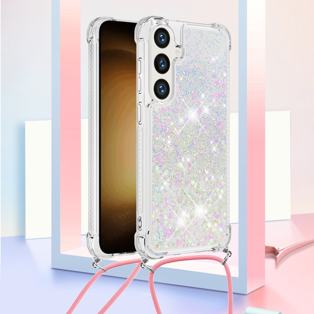 Glitters přesýpací gelový obal se šňůrkou na Samsung Galaxy S26+ - růžovostříbrný/srdíčka