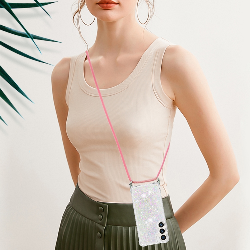 Glitters přesýpací gelový obal se šňůrkou na Samsung Galaxy S26+ - růžovostříbrný/srdíčka