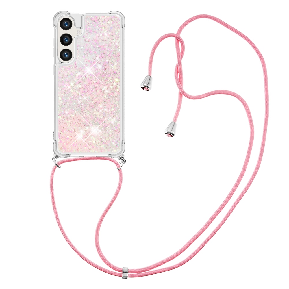 Glitters přesýpací gelový obal se šňůrkou na Samsung Galaxy S26+ - růžový/hvězdičky