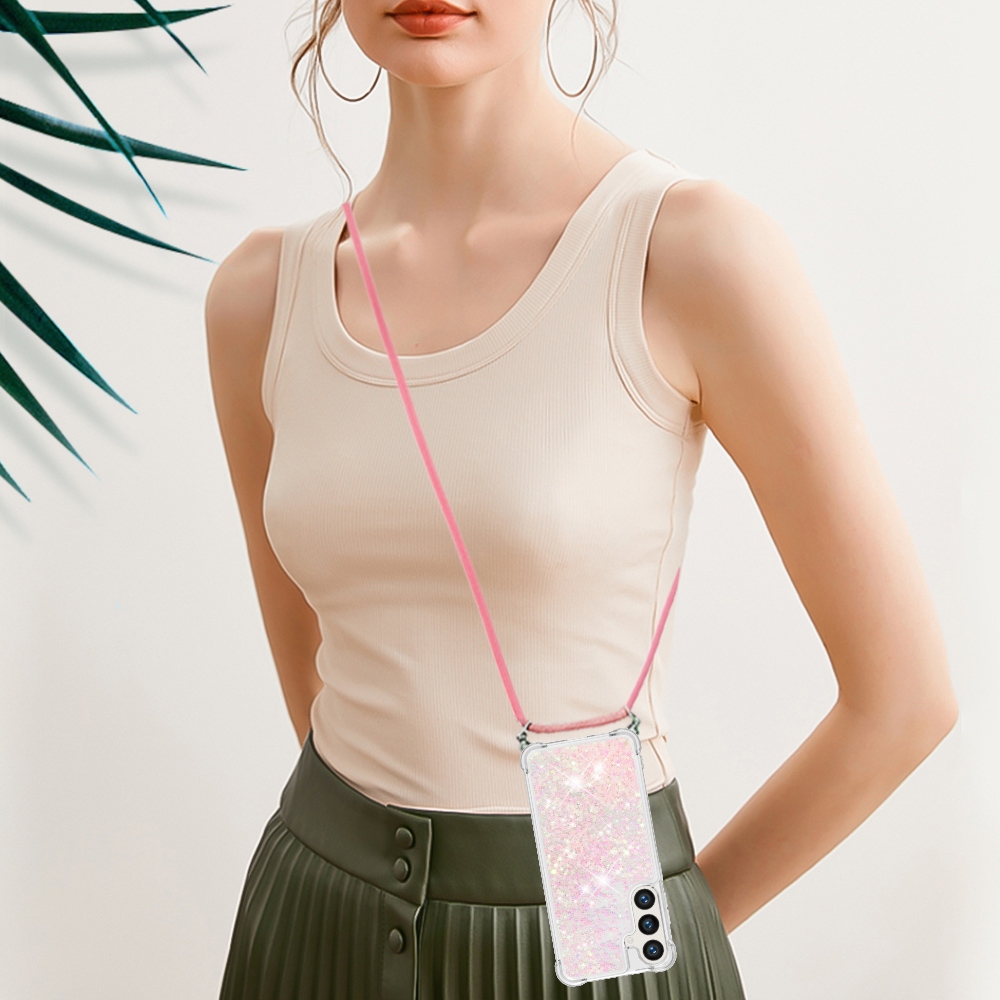 Glitters přesýpací gelový obal se šňůrkou na Samsung Galaxy S26+ - růžový/hvězdičky