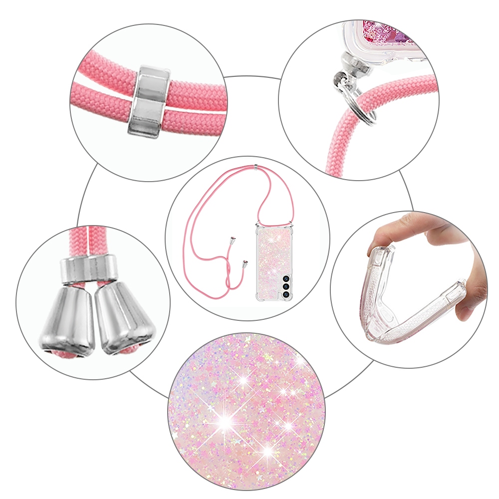 Glitters přesýpací gelový obal se šňůrkou na Samsung Galaxy S26+ - růžový/hvězdičky