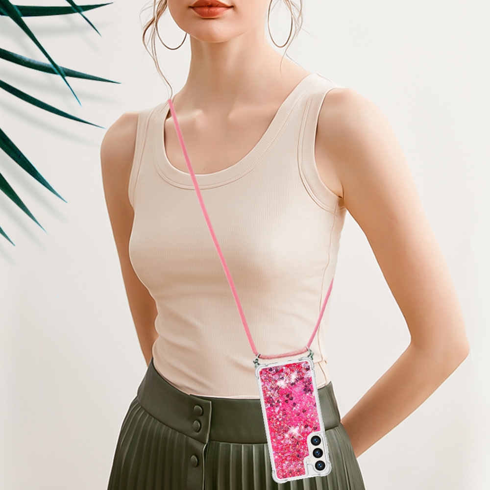 Glitters přesýpací gelový obal se šňůrkou na Samsung Galaxy S26+ - růžový/srdíčka