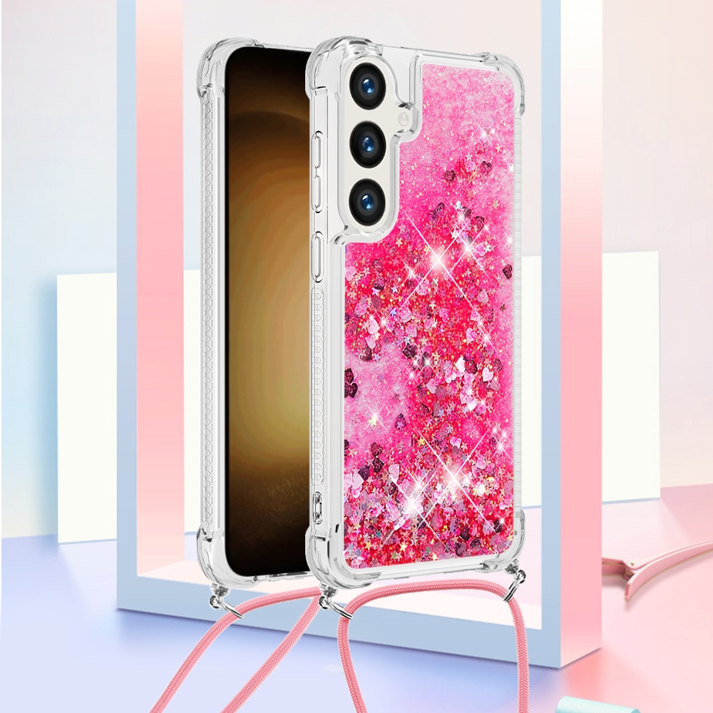 Glitters přesýpací gelový obal se šňůrkou na Samsung Galaxy S26+ - růžový/srdíčka