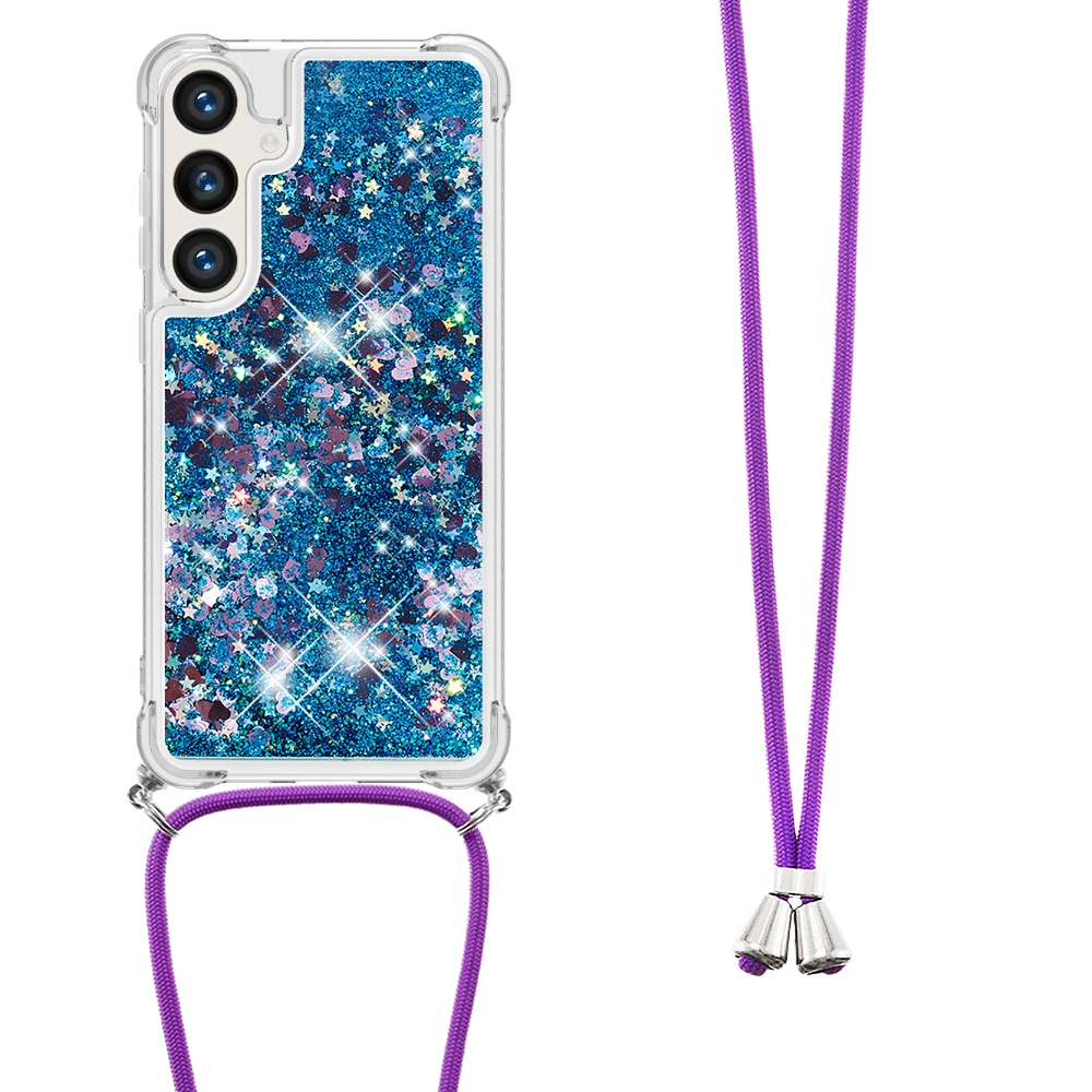 Glitters přesýpací gelový obal se šňůrkou na Samsung Galaxy S26/S26 Pro - modrý/srdíčka