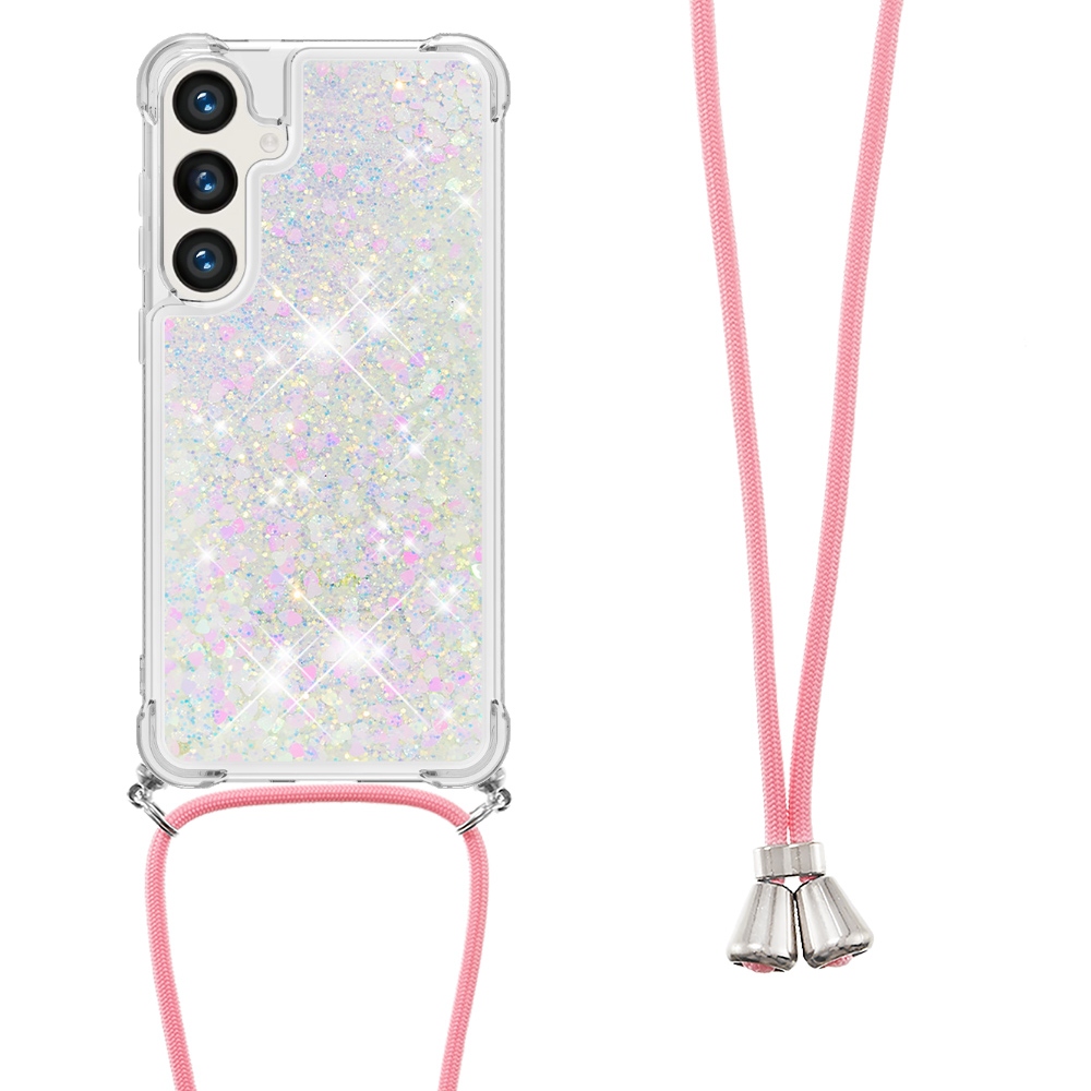 Glitters přesýpací gelový obal se šňůrkou na Samsung Galaxy S26/S26 Pro - růžovostříbrný/srdíčka